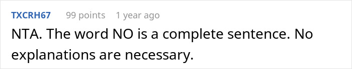 Comment text expressing support in a discussion on refusing to babysit for parents.