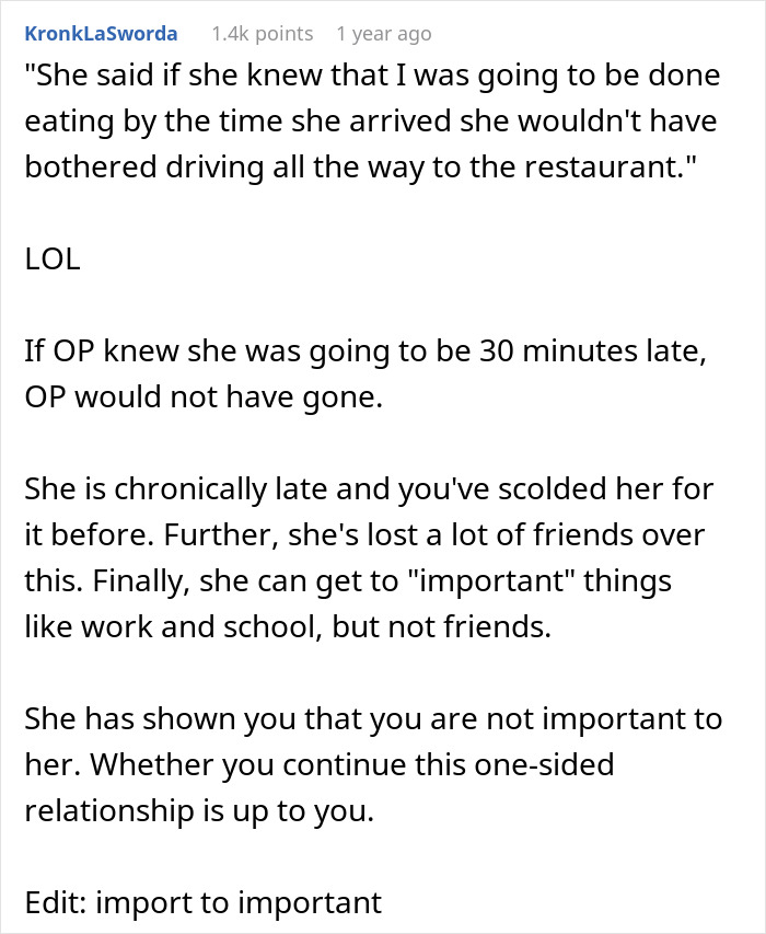 Text exchange about a woman being chronically late, friend eats without her. Discussion on relationship priorities.