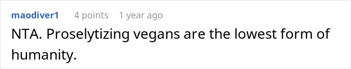 Screenshot of a comment criticizing preachy vegans in a family context.