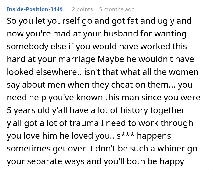 Text message discussing cheating, marriage issues, and a husband's relationship history.