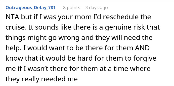 Online comment discussing a mom&rsquo;s decision to continue with her cruise amid potential early birth.