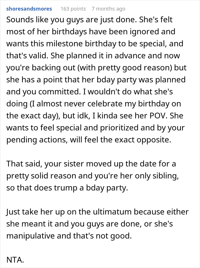 Text discussing a woman&rsquo;s ultimatum for attending her birthday party and relationship issues.