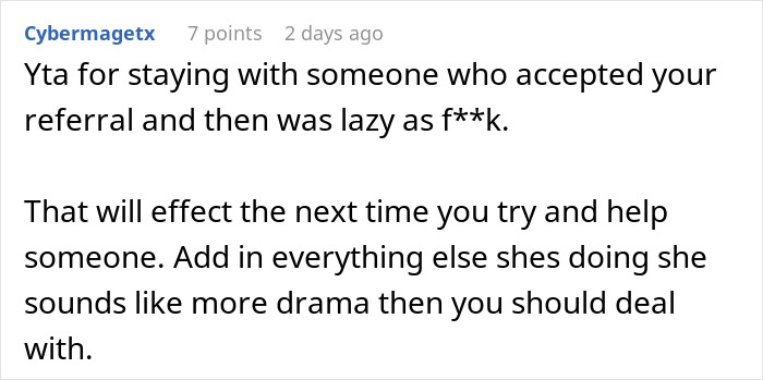 Comment discussing blame for not passing probation due to lateness, mentioning drama in a relationship.