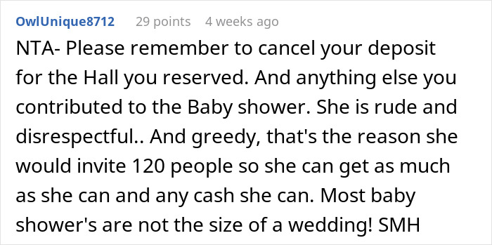 Comment criticizing sister’s behavior and decision to invite 120 guests to her baby shower.