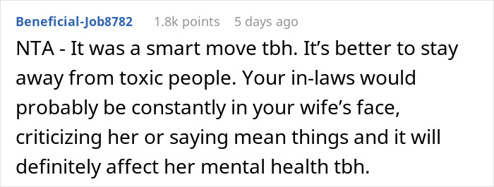 Comment discussing partner's decision to outbid in-laws due to toxicity, highlighting mental health impact concerns.