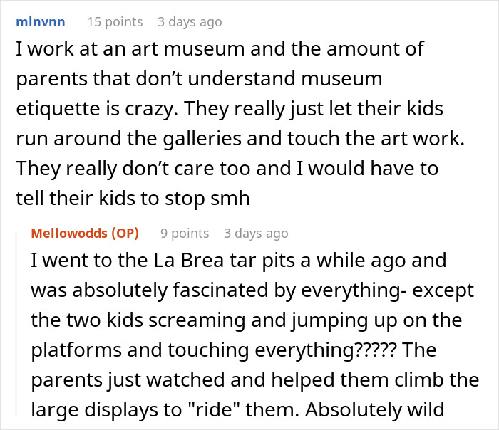 Reddit comments about museum etiquette, discussing kids running around and touching exhibits.