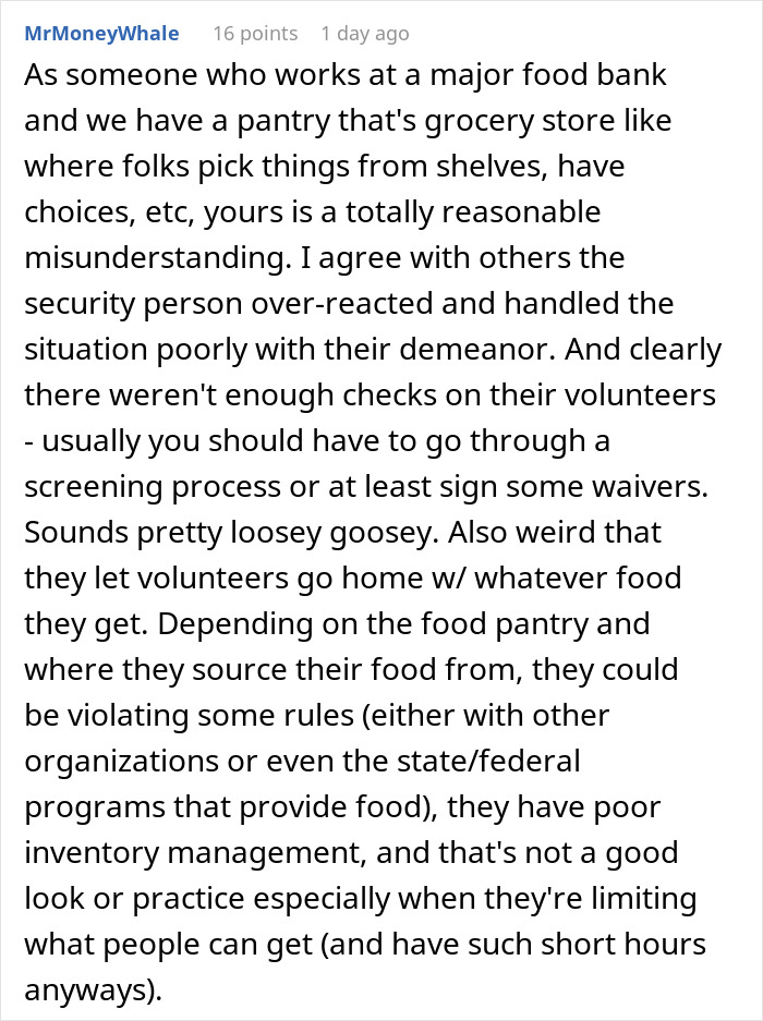 Text discussing food bank operations, volunteer screening issues, and concerns about inventory management practices.