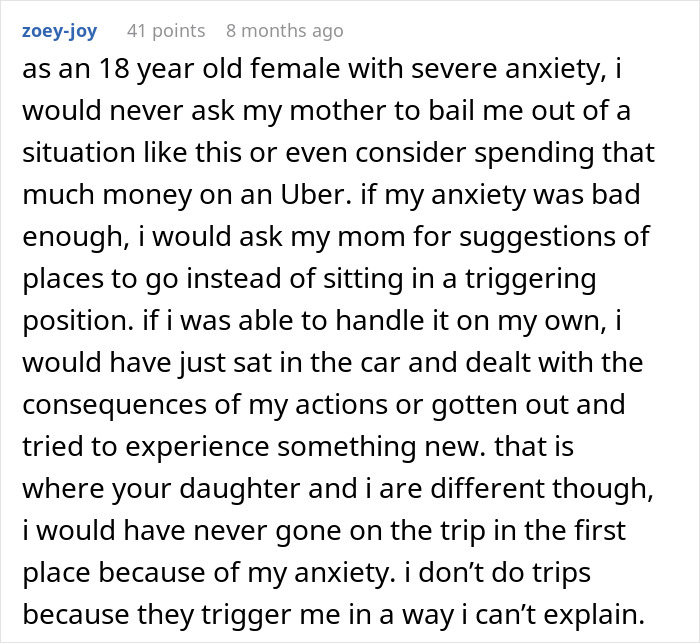 Text comment about anxiety and coping strategies related to road trips and emergency costs like $250 Uber.