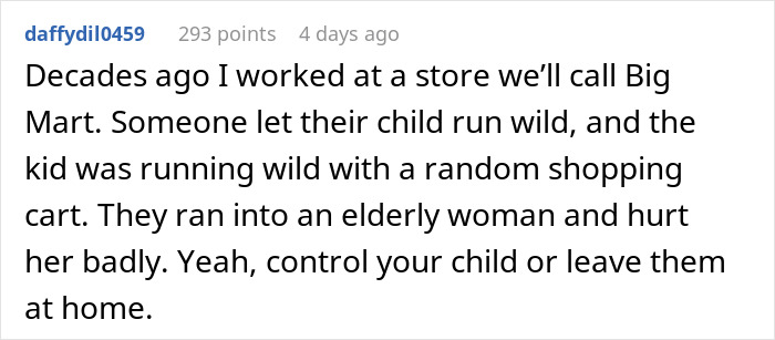 Text about kids running wild in stores, posing safety risks at Big Mart.