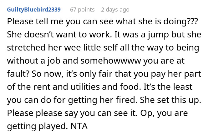 Comment discussing blame over a girlfriend not passing probation due to lateness.