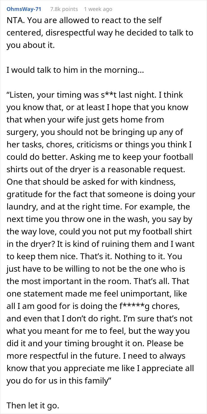 Text post discussing a husband’s untimely comment about laundry after his wife got home from surgery.