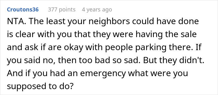 Text comment about a yard sale and neighbor's parking issues.