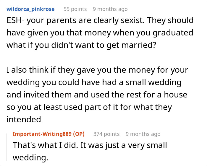 Reddit comment discussing wedding money, small wedding, and eloping.