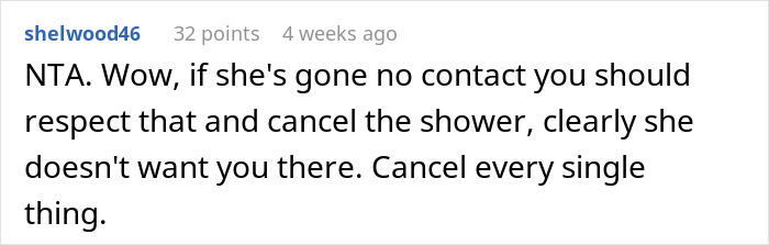 Reddit comment about entitled sister and baby shower cancelation advice.