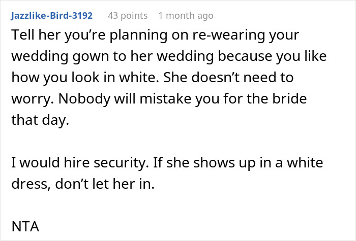 Screenshot of a comment advising against wearing white to a wedding, suggesting hiring security to prevent it.