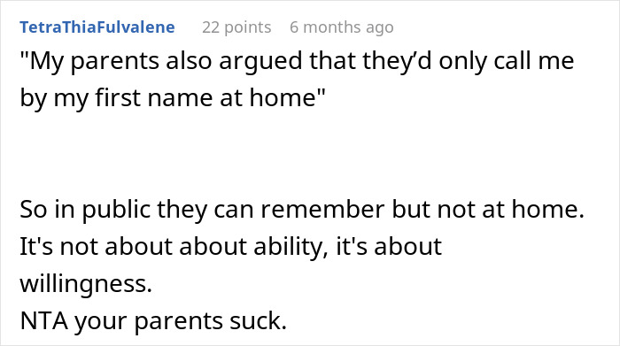 Reddit comment discussing parents choosing a child's name based on willingness, titled by TetraThiaFulvalene.