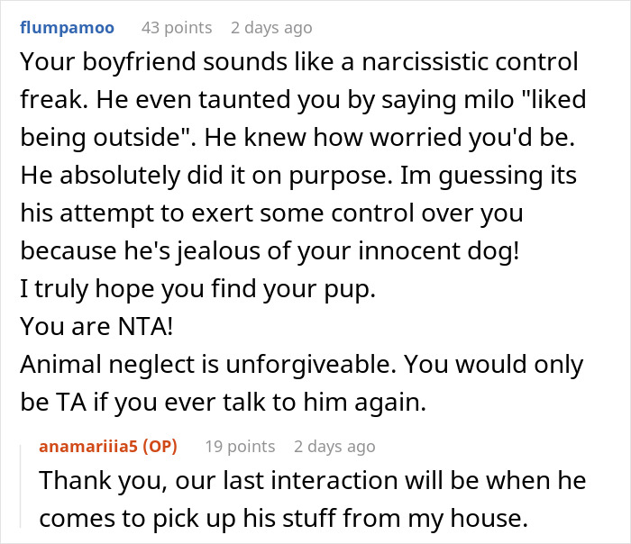 Reddit comment about woman's lost dog incident, criticizing her boyfriend for neglect and reassuring the woman.