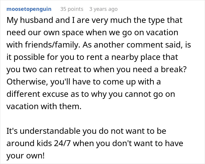 Online comment discussing a child-free couple needing space during vacations with kids.