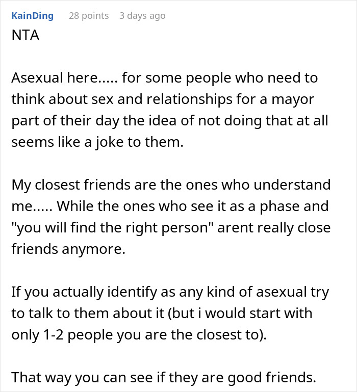 Reddit post discussing assumptions about asexuality and understanding from friends, relating to assumptions about sexuality.