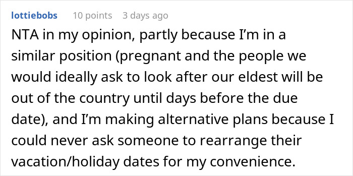 Text from an online discussion about refusing to cancel cruise for early birth plans.