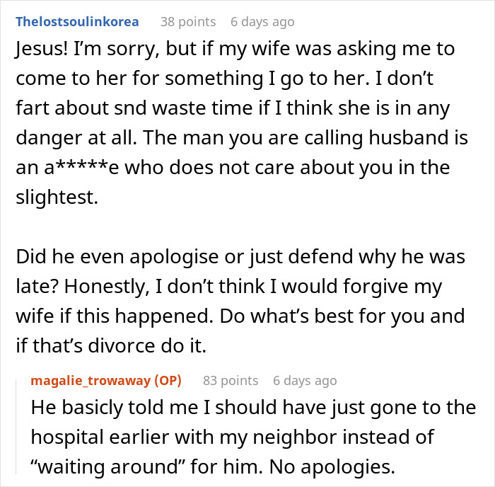 Reddit comments discussing a husband&rsquo;s lack of urgency after wife&rsquo;s SOS call, affecting marriage.