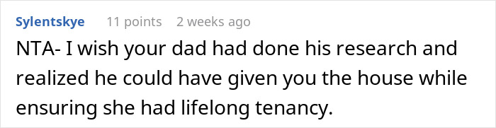 Comment discussing inheritance and lifelong tenancy advice.