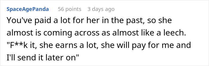 Reddit comment containing a discussion about paying for a vacation, mentioning a friend who has no money.