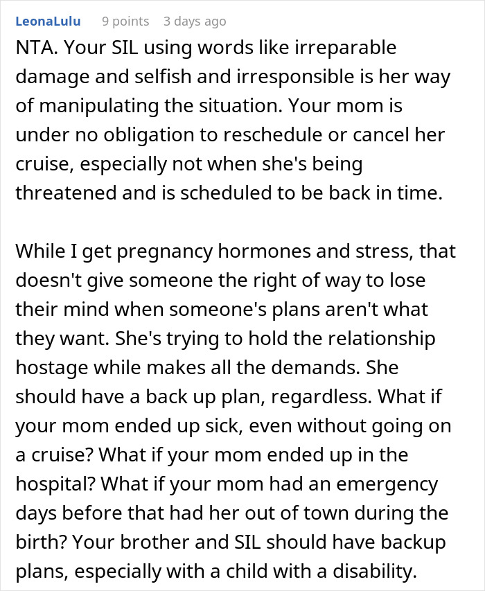 Comment discussing mom refusing to cancel cruise due to potential early birth, emphasizing planned return before birth.