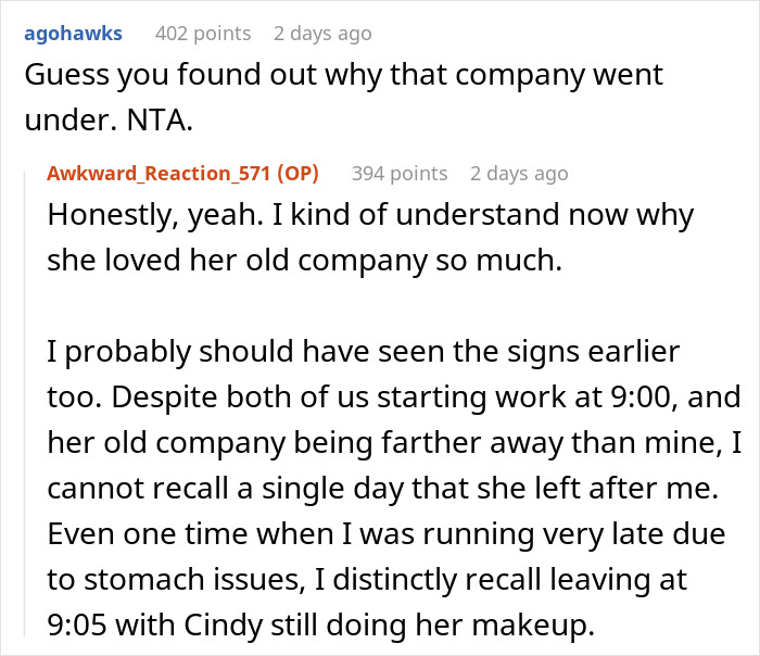 Reddit comments discussing a man getting his girlfriend a job; she missed probation due to tardiness.