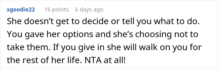 Reddit comment discussing MIL and boundaries after birth, highlighting decisions and options given to her.