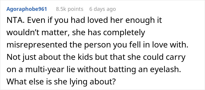 Reddit comment criticizing a wife who misrepresented herself, deceiving her husband about her inability to have kids.