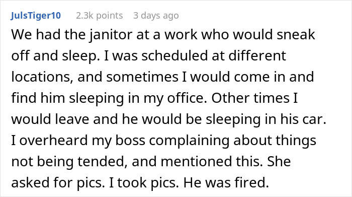 Reddit comment about a janitor fired for sleeping on the job due to coworker's report.