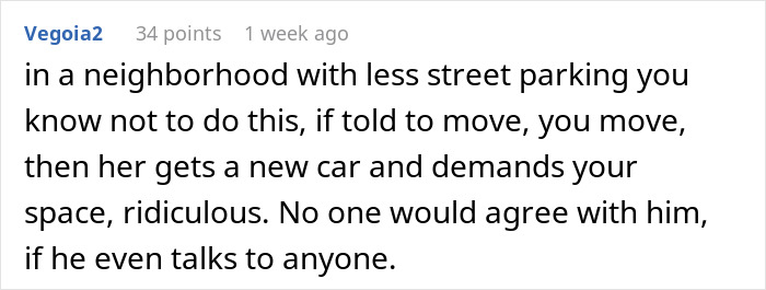 Comment discussing parking issues and refusal to move in a neighborhood with limited street parking.