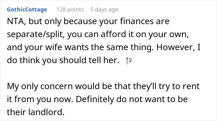 Text comment discussing finances and the consequences of a partner outbidding in-laws on a property without informing anyone.