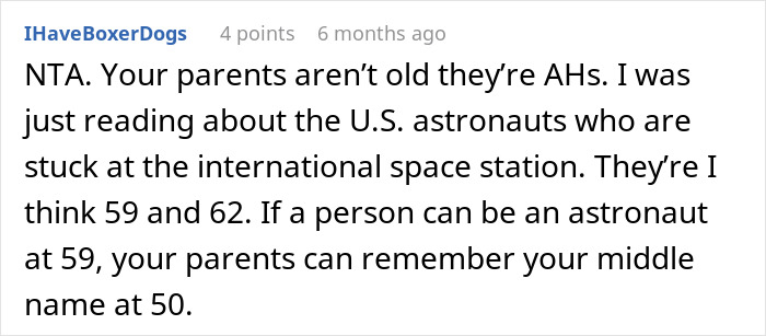 Comment about parents and middle name, referencing older U.S. astronauts.