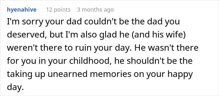 Comment discussing a dad choosing wife over daughter, reflecting on absence at wedding and childhood.