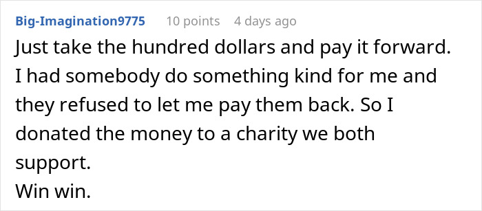 Comment discussing taking $100 and paying it forward with a charity donation.