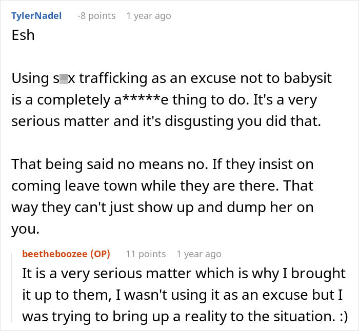 Reddit discussion about a woman's reasoning for refusing to babysit for her parents.