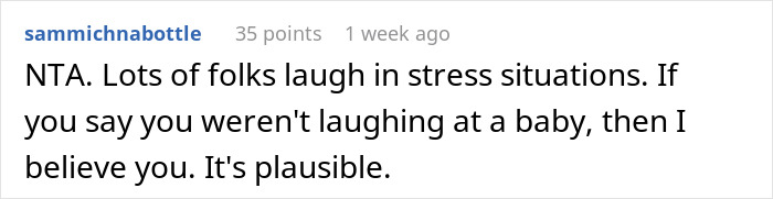 Reddit comment discussing laughter in stress, mentions belief in not laughing at a baby, 35 points.