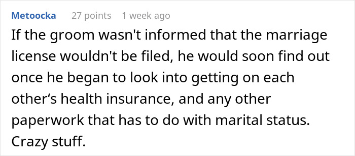 A comment discussing the implications of a fake wedding and unfiled marriage license.