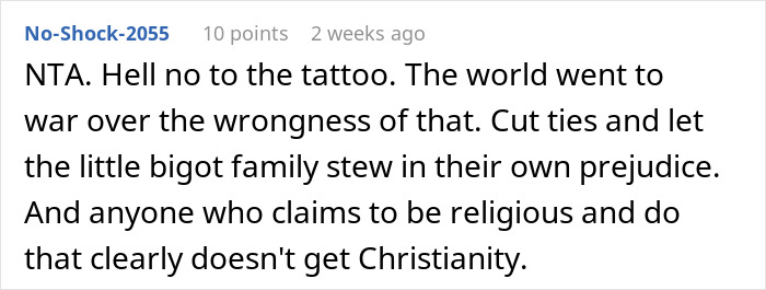 Online comment criticizing an offensive tattoo, emphasizing religious hypocrisy and bigotry.