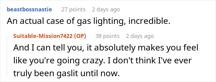 Reddit thread discussing gaslighting, with users expressing disbelief and personal experiences.