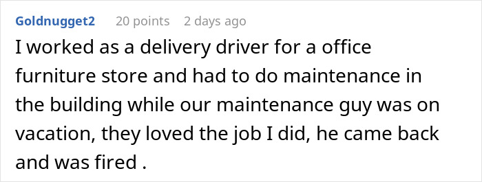 Text from Reddit about a delivery driver getting a maintenance worker fired.