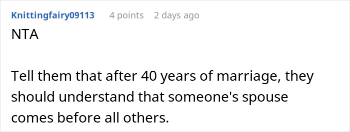 Reddit comment discussing prioritizing one's spouse, related to parents giving silent treatment over canceled party.