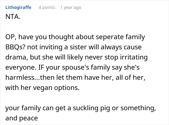 Reddit comment discussing vegan sister-in-law and family barbeque conflicts.