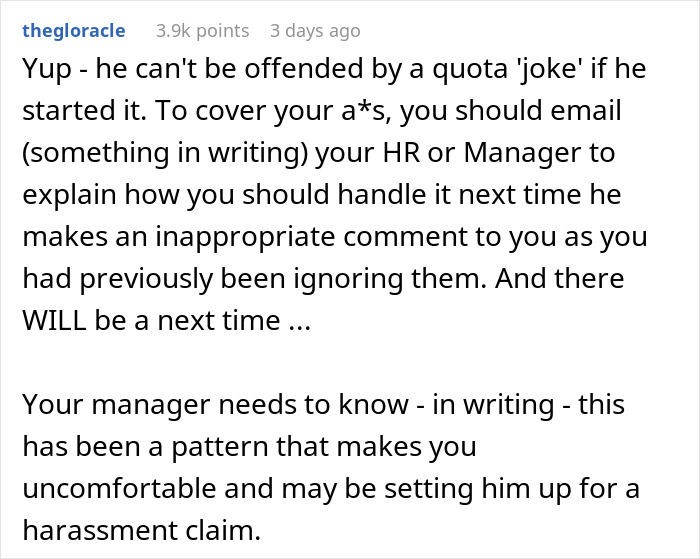 Comment advising coworker on addressing racist man to HR for harassment pattern.