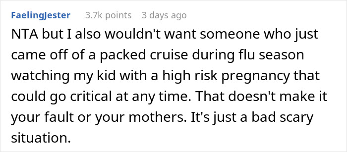 Text screenshot discussing cruise and high-risk pregnancy concerns.