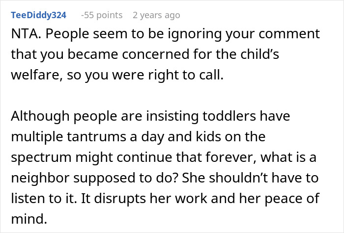 Reddit comment discussing calling CPS on a mom due to a toddler's tantrums and concerns for child welfare.