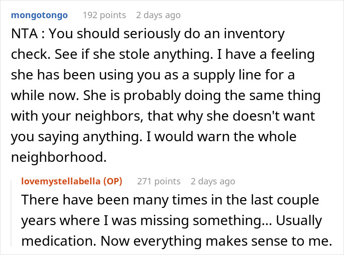 Reddit comments discussing a woman breaking into a friend's house while out of town, warning of theft.