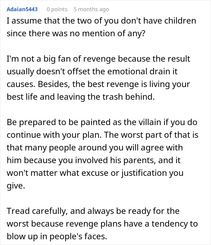 Reddit comment about revenge and consequences, discussing a woman's potential actions against a cheating husband.